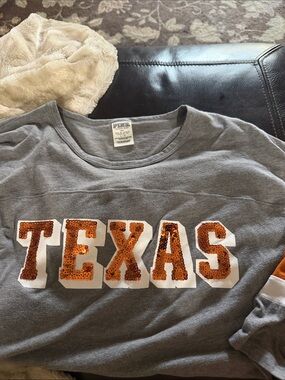 PINK Victoria's Secret Gray Long Sleeve Tee with Orange Sequin TEXAS Logo